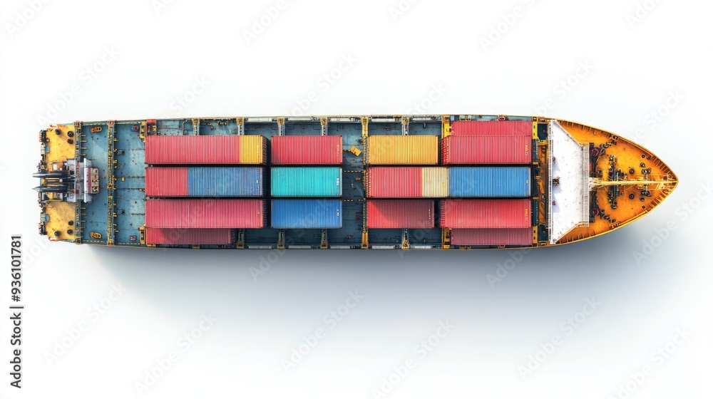 Obraz premium Container ship top-down view, maritime logistics, detailed and accurate, isolated on white background