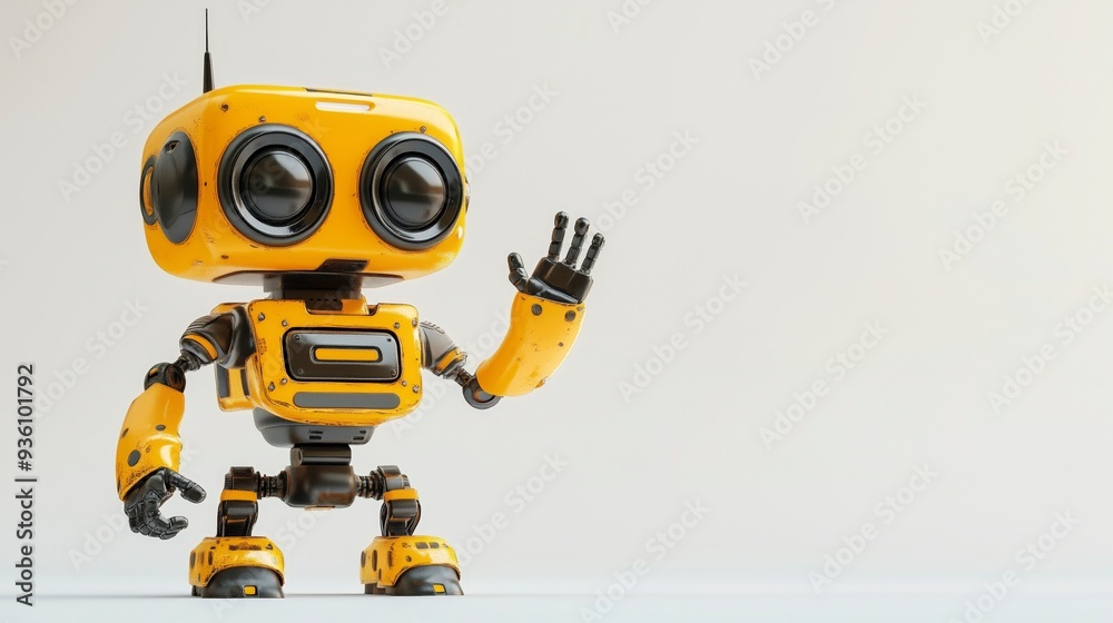 A friendly yellow robot with large black eyes waves hello, set against a white background. A friendly yellow robot with large black eyes waves hello, set against a white background.