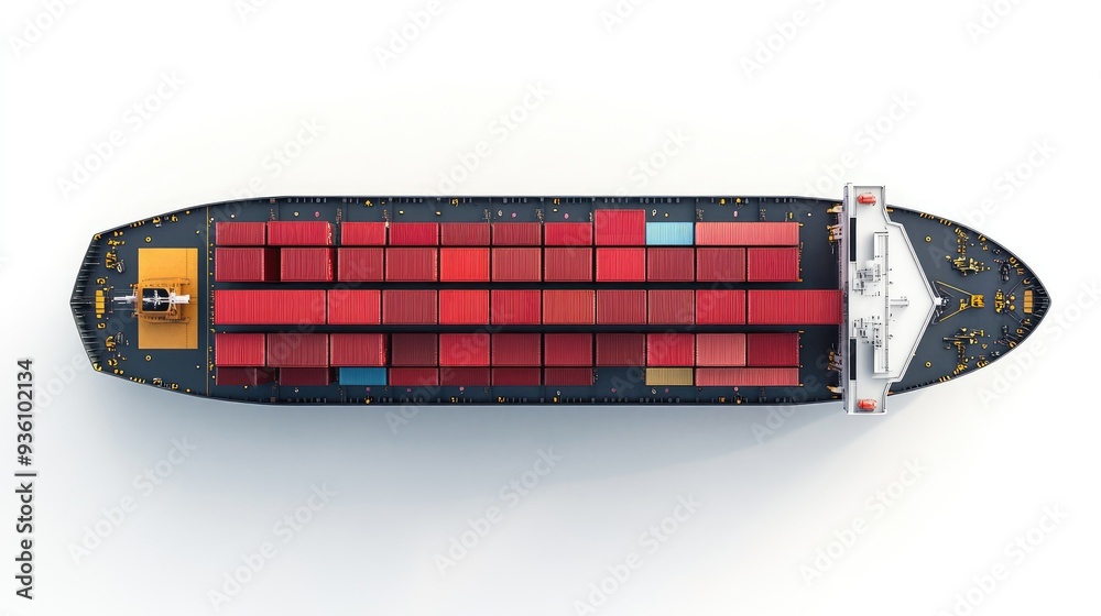 Container ship top-down view, maritime logistics, detailed and accurate, isolated on white background Container ship top-down view, maritime logistics, detailed and accurate, isolated on white background