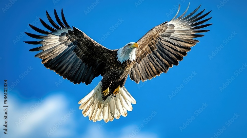 Fototapeta premium Majestic eagle flying high in a clear blue sky, wings fully extended, showcasing strength and freedom.