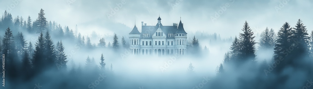 Mysterious mansion shrouded in fog, surrounded by dark trees. A haunting landscape that evokes feelings of suspense and intrigue. Mysterious mansion shrouded in fog, surrounded by dark trees. A haunting landscape that evokes feelings of suspense and intrigue.