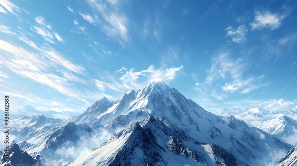 Sweeping Mountaintop Vista with Majestic Snow Capped Peaks and Wispy Cirrus Clouds in the Serene Azure Sky Sweeping Mountaintop Vista with Majestic Snow Capped Peaks and Wispy Cirrus Clouds in the Serene Azure Sky