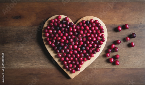 Cranberries are arranged in a heart shape on a wooden board