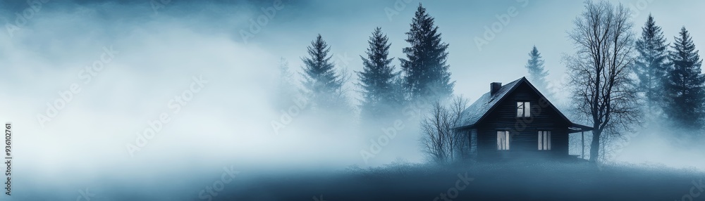 A mysterious house silhouettes against a misty landscape, surrounded by dark trees and ethereal fog. A mysterious house silhouettes against a misty landscape, surrounded by dark trees and ethereal fog.