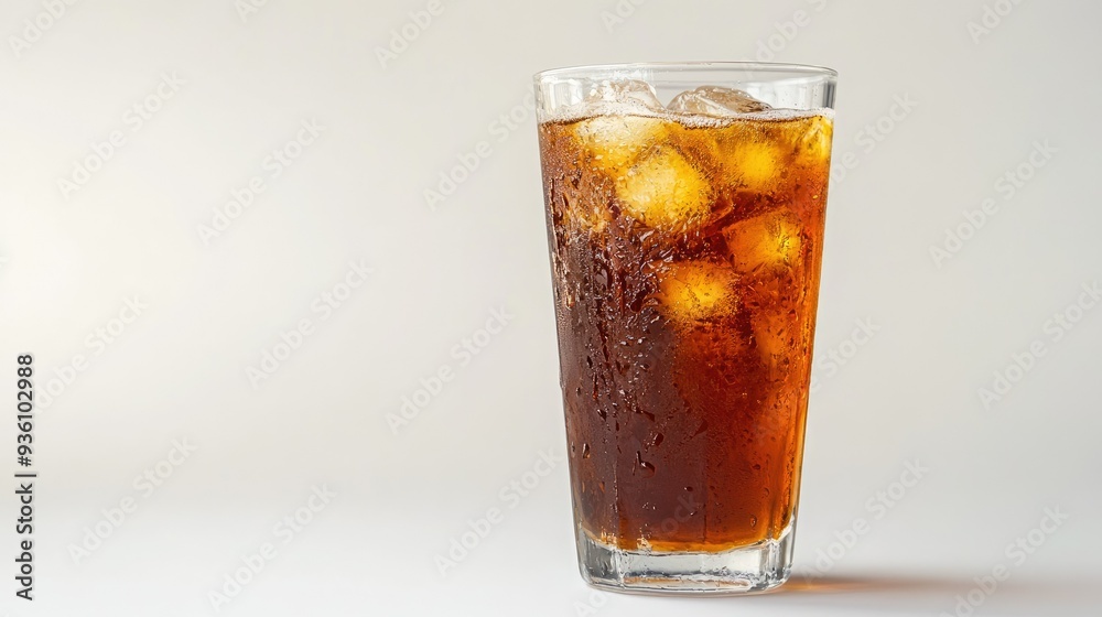Refreshing iced tea in a glass cup with condensation, placed against a clean white background. Refreshing iced tea in a glass cup with condensation, placed against a clean white background.