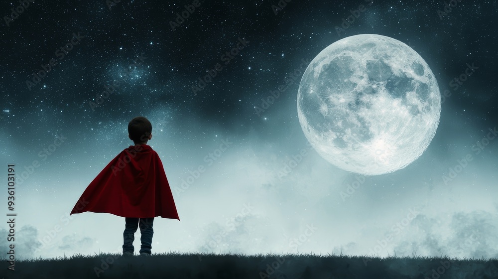 A child in a red cape gazes at a large moon, embodying dreams and imagination under a starry night sky.
