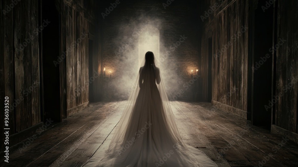 A mysterious figure in a flowing gown stands in a dimly lit hallway, surrounded by shadows and an eerie atmosphere. A mysterious figure in a flowing gown stands in a dimly lit hallway, surrounded by shadows and an eerie atmosphere.
