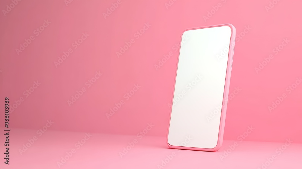 Smartphone with blank screen standing on a pink background, minimalistic mockup, isolated, vertical orientation, bright studio lighting Smartphone with blank screen standing on a pink background, minimalistic mockup, isolated, vertical orientation, bright studio lighting