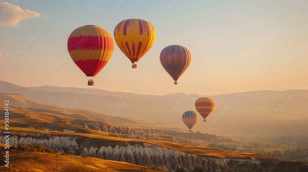Fototapeta premium Vibrant hot air balloons rise into the sky, with a beautiful mountain range in the background, softly blurred for a dreamy effect.