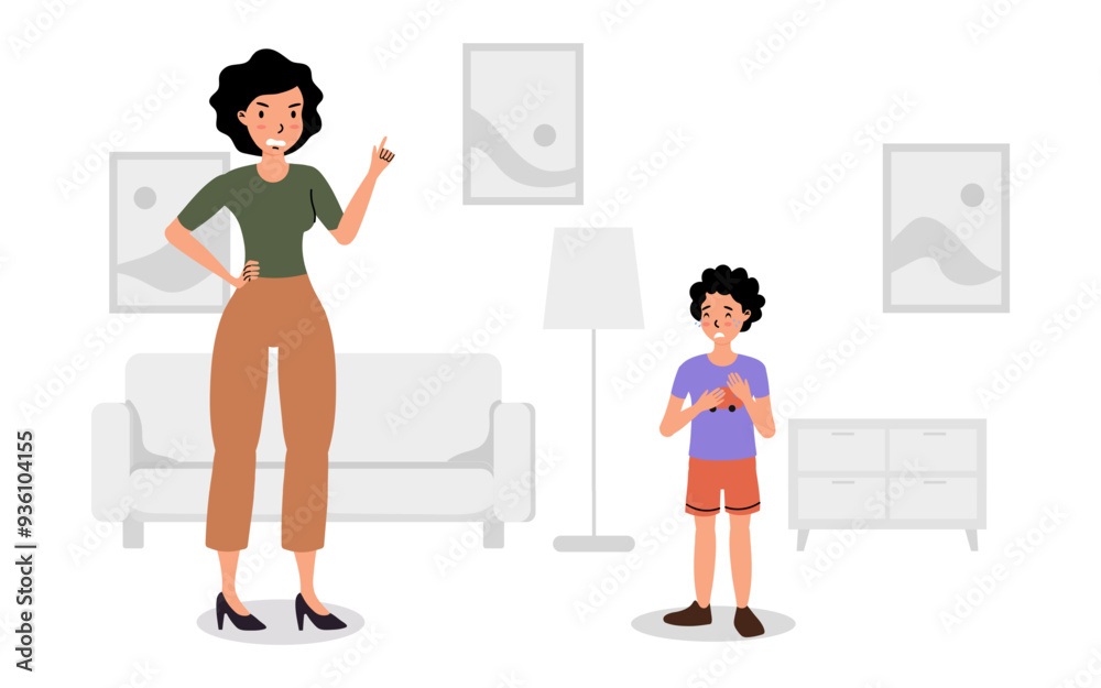 Fototapeta premium A mother scolding her son in a modern living room during the afternoon