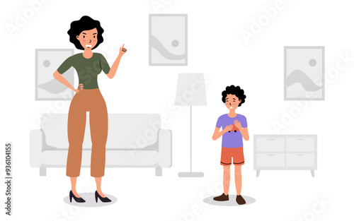 A mother scolding her son in a modern living room during the afternoon