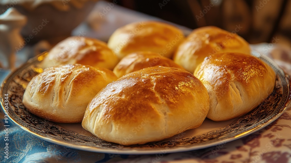 Warm, freshly baked pirozhki, with a golden crust and savory filling, arranged on a plate, ready to enjoy. Warm, freshly baked pirozhki, with a golden crust and savory filling, arranged on a plate, ready to enjoy.