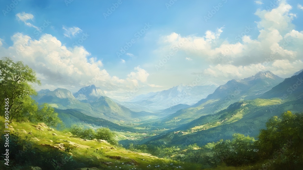 Fototapeta premium Tranquil Mountain Vista with Sweeping Landscape and Wispy Clouds in Serene Atmosphere