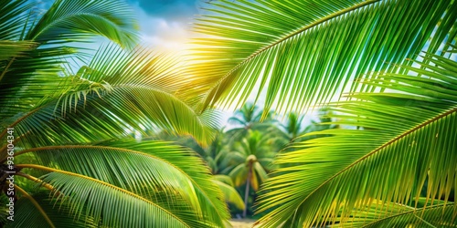 Closeup view of tropical palm leaves with coconut palm trees in the background, creating a lush and vibrant perspective
