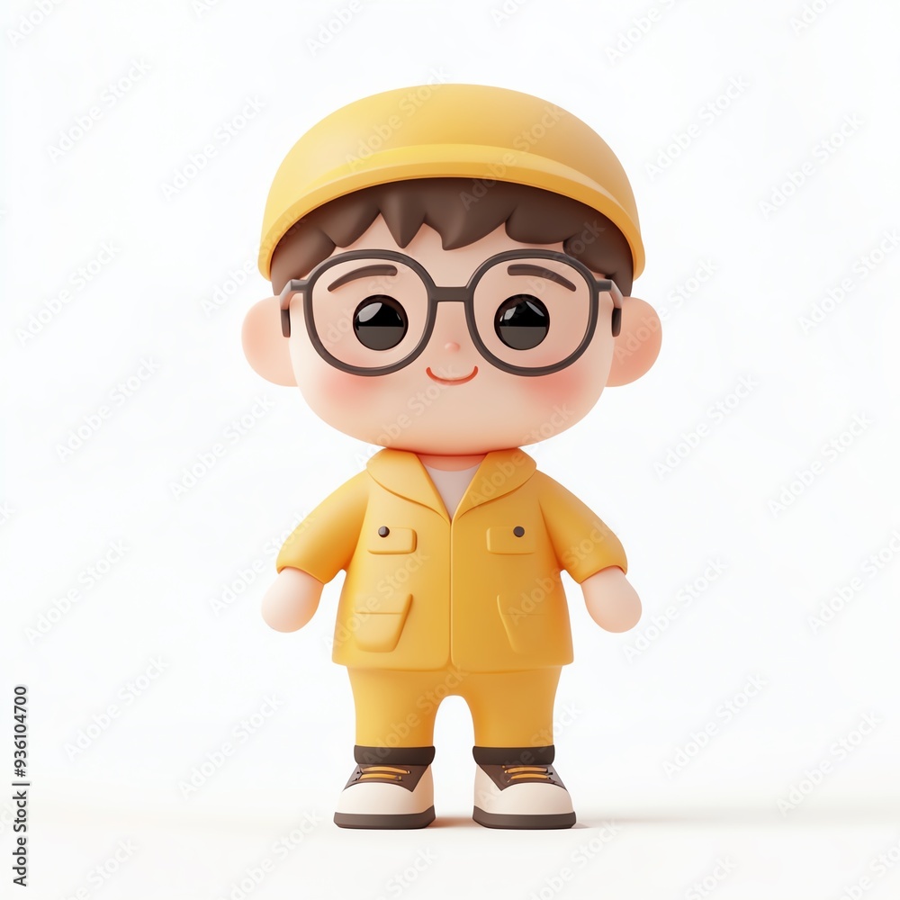 A cheerful cartoon character wearing a yellow outfit and glasses, perfect for playful illustrations or children's content. A cheerful cartoon character wearing a yellow outfit and glasses, perfect for playful illustrations or children's content.