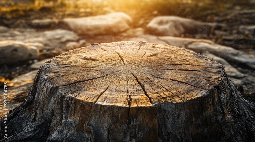 Wooden tree stump with a round surface, set in a natural landscape, showcasing earthy tones and textures.