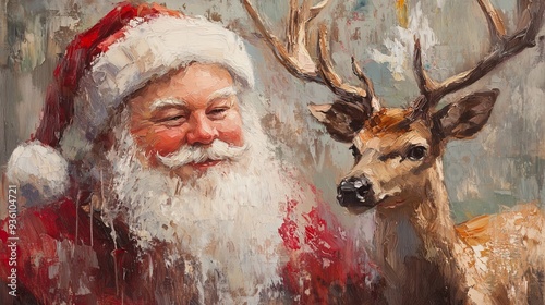 Fototapeta Naklejka Na Ścianę i Meble -  Santa Claus with a white beard and red hat smiling next to a deer, painted in a vintage oil painting style with soft brushstrokes, muted colors, and a nostalgic Christmas atmosphere