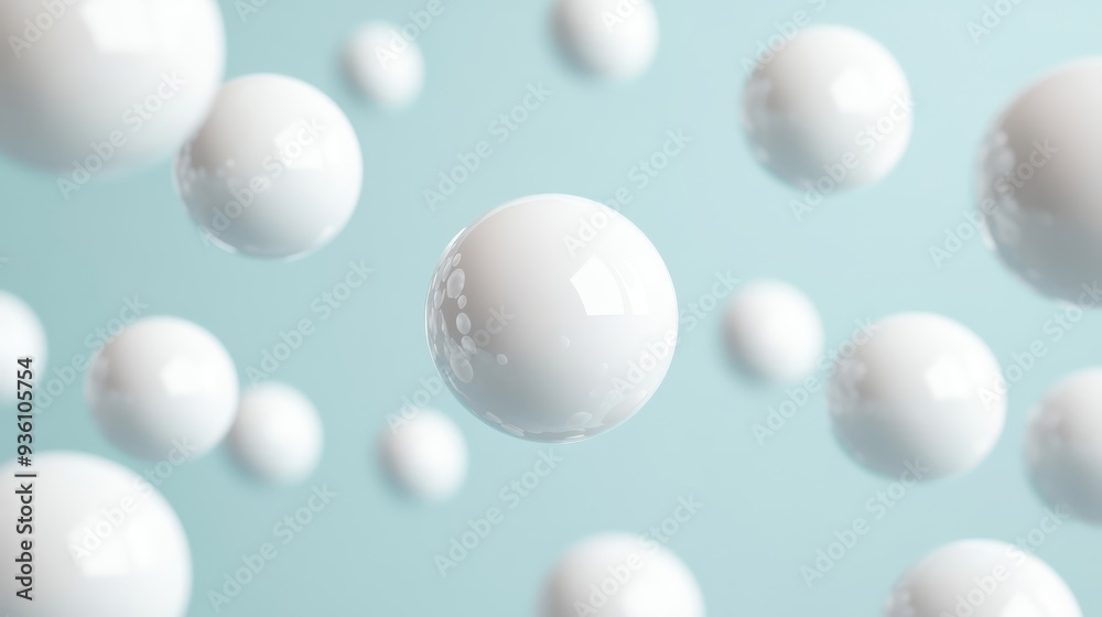 A collection of white spheres floating against a soft blue background, creating a serene and modern visual effect. A collection of white spheres floating against a soft blue background, creating a serene and modern visual effect.