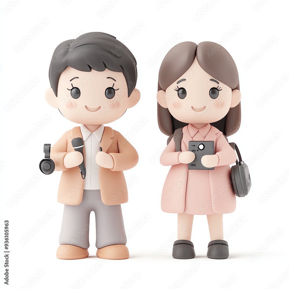 Two friendly cartoon characters stand together, showcasing a microphone and a camera for creative or social media themes. Two friendly cartoon characters stand together, showcasing a microphone and a camera for creative or social media themes.