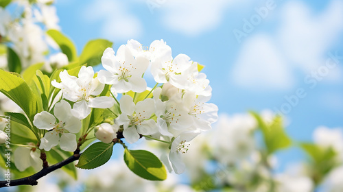 Blooming Apple Tree Branches with White Flowers