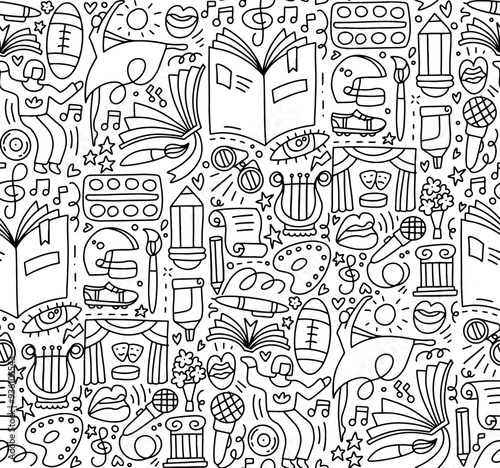 Seamless pattern with arts supplies and dancing attributes. Hobby vector illustration with oil painting palette, brush, pencil, pencil and theater curtain. Vector linear illustration.