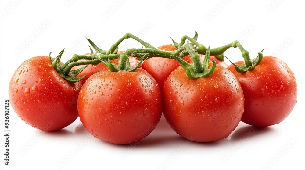 A cluster of seven ripe red tomatoes with water droplets on their skin, on a vine, arranged in a curved shape, on a white background. A cluster of seven ripe red tomatoes with water droplets on their skin, on a vine, arranged in a curved shape, on a white background.