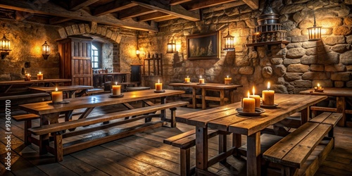 Medieval tavern interior with wooden tables, candles, and rustic decor