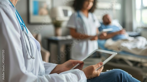 Young nurse displays health insurance information on a digital tablet near the patient's bed. and another assistant nearby