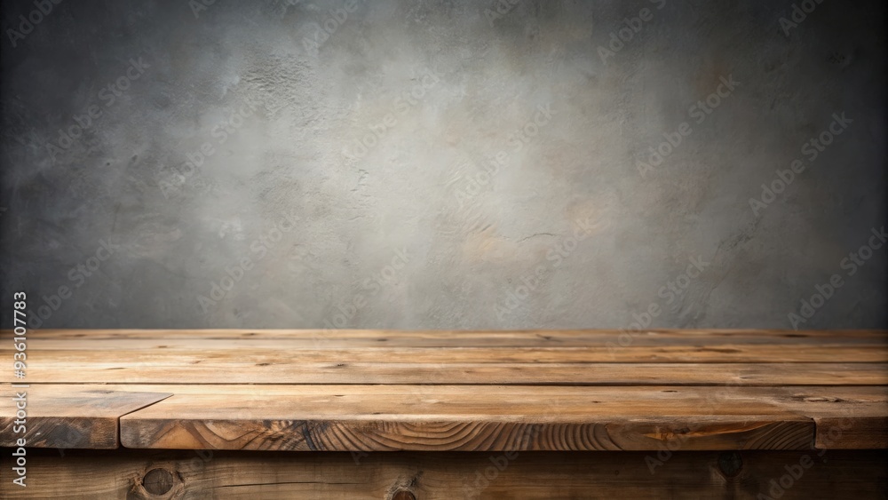Empty rustic wooden table top with neutral gray background for stock photo Empty rustic wooden table top with neutral gray background for stock photo
