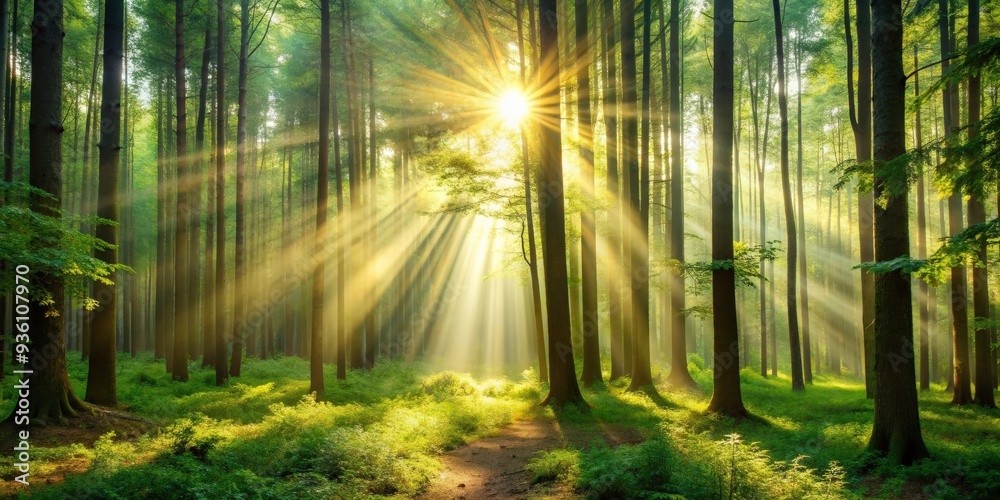 Fototapeta premium Sunlight streaming through a peaceful, picturesque forest setting