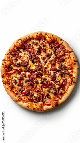 An illustrated white background showcases a delicious box of pizza topped with savory bacon and sausage photo