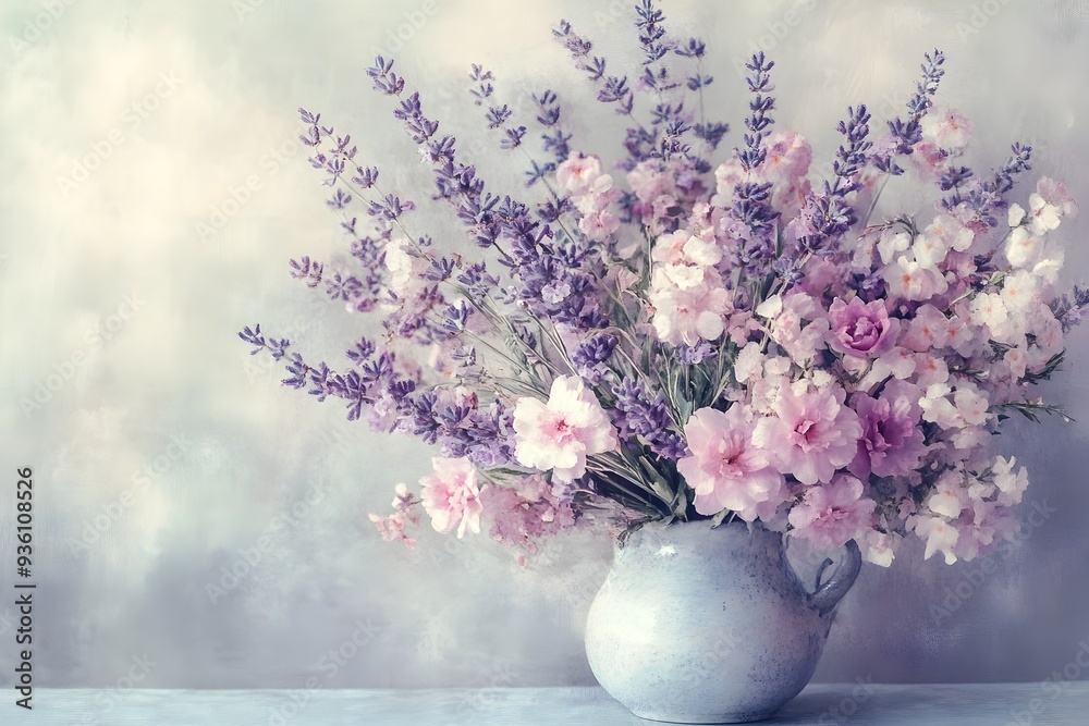 Tranquil Botanical Still Life with Delicate Pink and Lavender Flowers in Natural Light Tranquil Botanical Still Life with Delicate Pink and Lavender Flowers in Natural Light