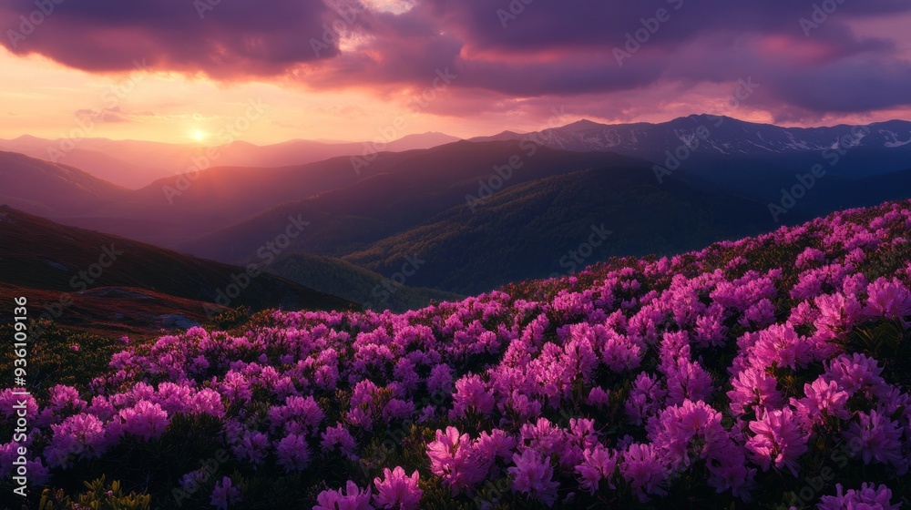 Obraz premium Mountain Sunset with Blooming Rhododendrons