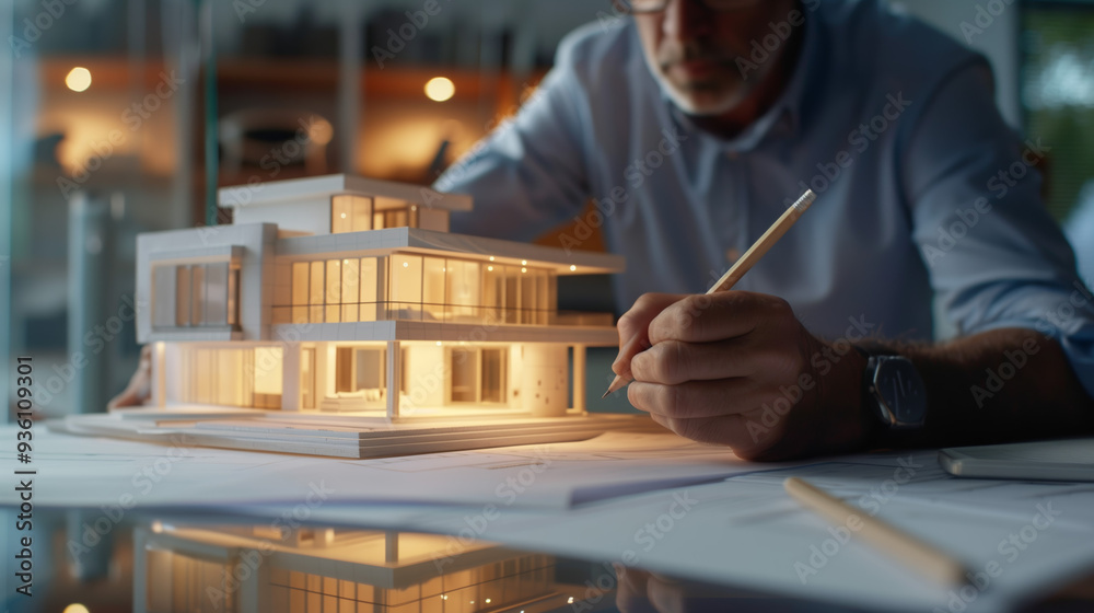 An architect works on a detailed scale model of a modern house, surrounded by blueprints and design tools, capturing the creative process in an architectural studio.
An architect works on a detailed scale model of a modern house, surrounded by blueprints and design tools, capturing the creative process in an architectural studio.