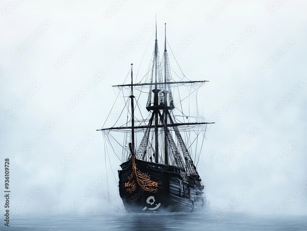 Obraz premium Abandoned pirate ship, haunted by spirits, eerie fog, Watercolor style