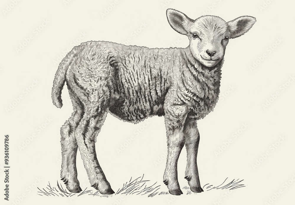 Fototapeta premium Sheep, lamb. Vintage retro print, black white sheep lamb sketch ink pencil style drawing, engrave old school. Sketch artwork silhouette farm sheep lamb. Side view profile. Illustration