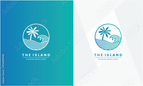 Sea ​​wave with palm tree logo design vector illustration.
Ocean creativity water design.