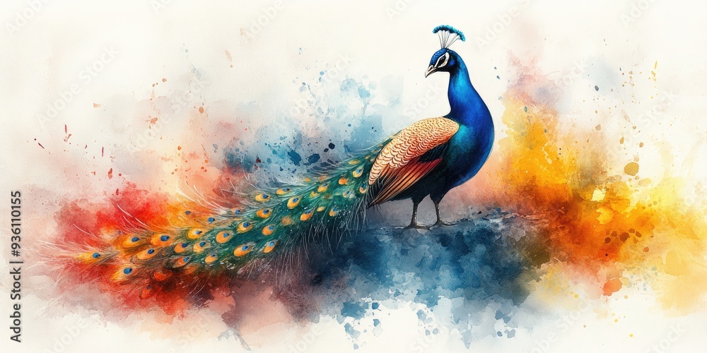 Fototapeta premium Watercolor Painting of a Peacock with Splashes of Color