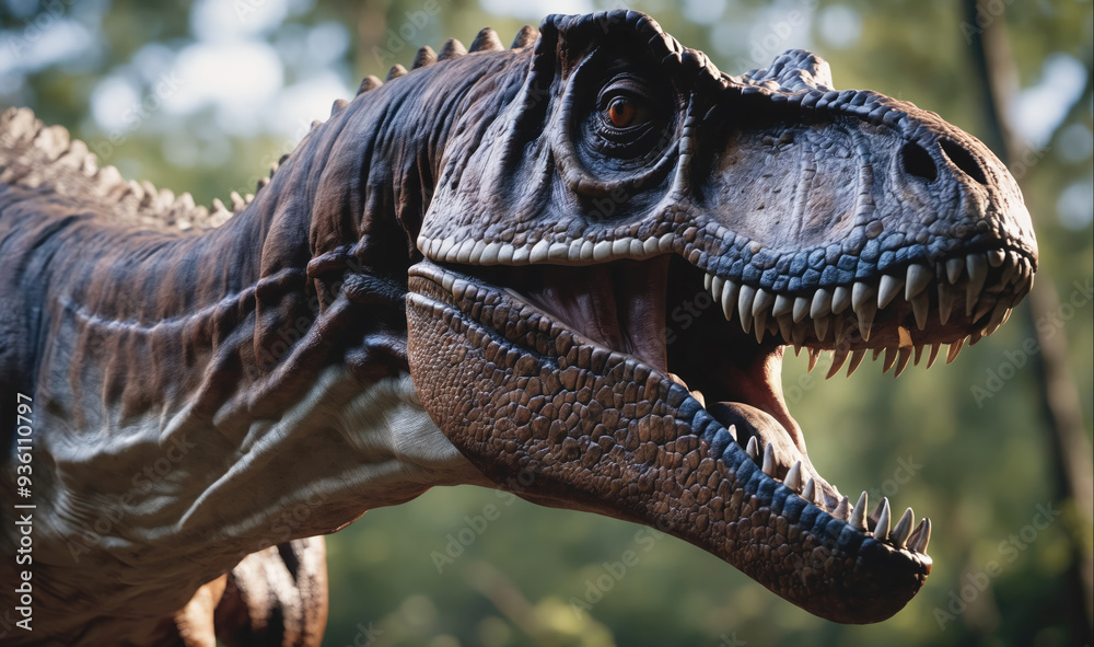 A Tyrannosaurus Rex dinosaur with sharp teeth and a scaly head walks through a forest A Tyrannosaurus Rex dinosaur with sharp teeth and a scaly head walks through a forest
