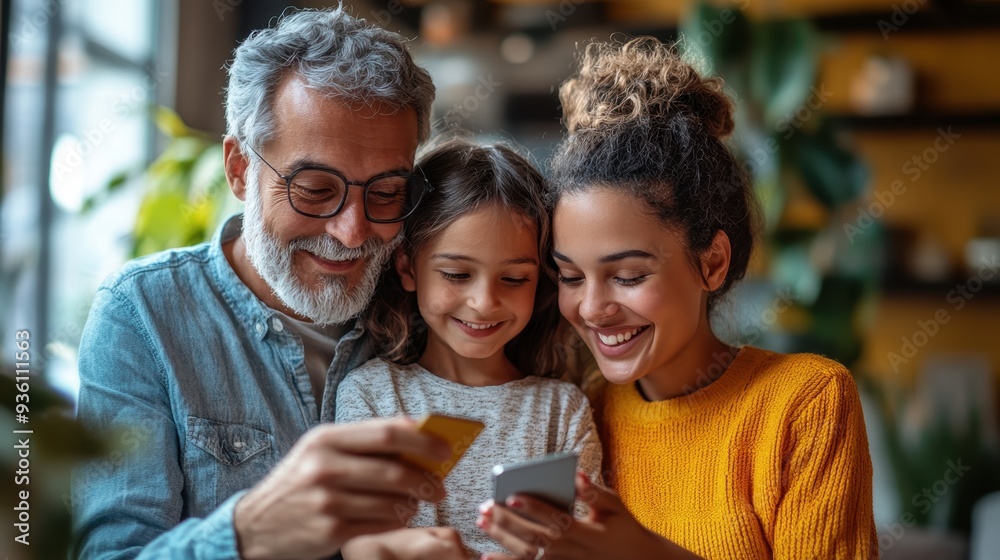 Photorealistic family using a digital wallet together, with copy space Wallet family shared, Inclusive digital finance Photorealistic family using a digital wallet together, with copy space Wallet family shared, Inclusive digital finance