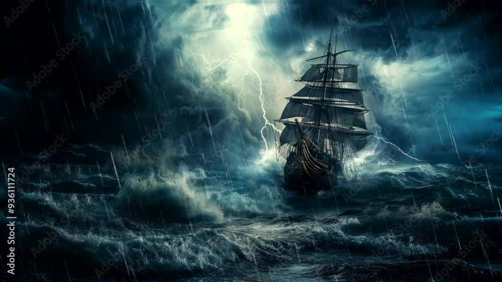 sailing ship or pirates ship on the sea with bad environment storm wave thunder at  sea video animation background for live wallpaper Seamless looping time-lapse 4k 