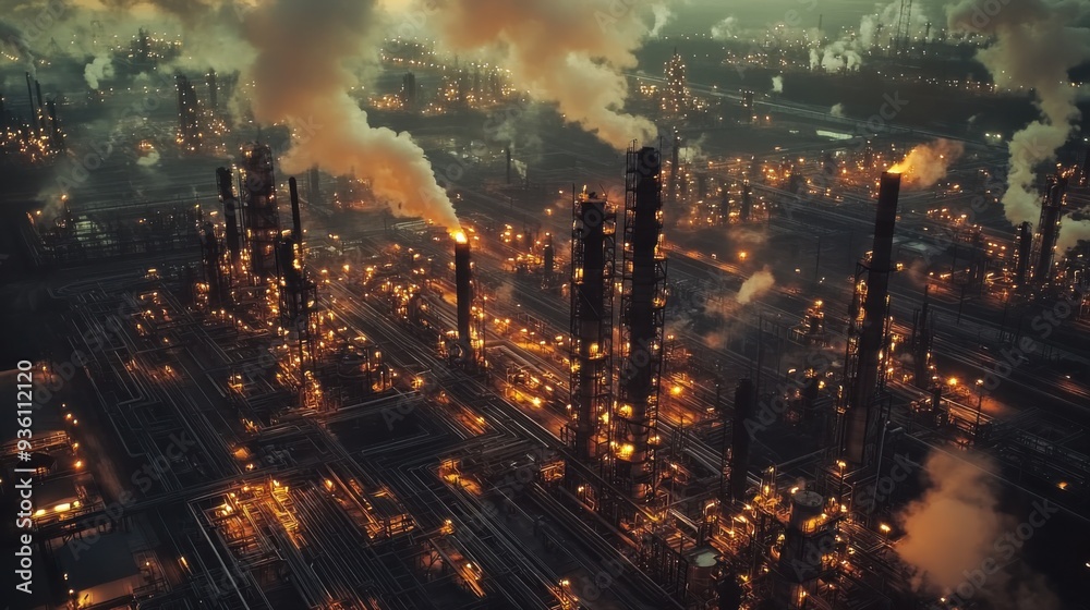 Fototapeta premium Aerial view of a sprawling oil refinery with towering chimneys and glowing lights at dusk, emitting smoke into the sky.