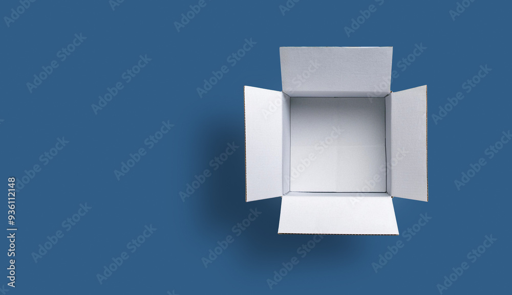 White square cardboard box, opened and viewed from above. isolated on blue background. White square cardboard box, opened and viewed from above. isolated on blue background.
