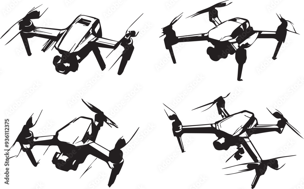 Set FPV Drone. Hand drawn vector illustration Set FPV Drone. Hand drawn vector illustration