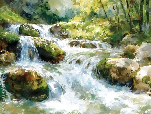 Serene Mountain Brook with Cascading Crystal Waters and Mossy Stones in Impressionist Style