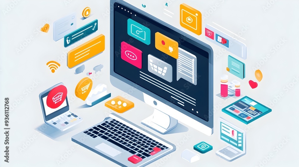 Isometric Digital Workspace with Modern Technology Icons and Devices