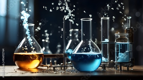  A realistic image of a chemical reaction in progress, with bubbling liquids and gas escaping from a series of connected glass tubes and flasks.  photo