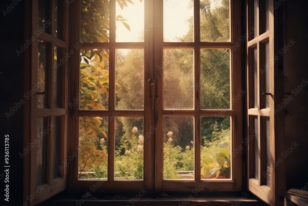 Open window overlooking autumn forest scene Open window overlooking autumn forest scene