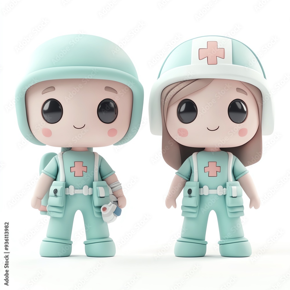 Cute cartoon characters dressed as medical professionals in teal uniforms, highlighting teamwork and care in healthcare. Cute cartoon characters dressed as medical professionals in teal uniforms, highlighting teamwork and care in healthcare.