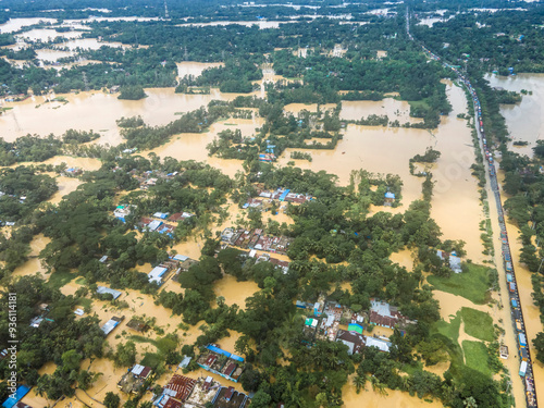 August 23, 2024, Feni, Chittagong, Bangladesh: Aerial view of Flooded Dhaka-Chittagong Highway and villages in Muhuriganj area of ​​Feni district of Chittagong division of Bangladesh.  photo